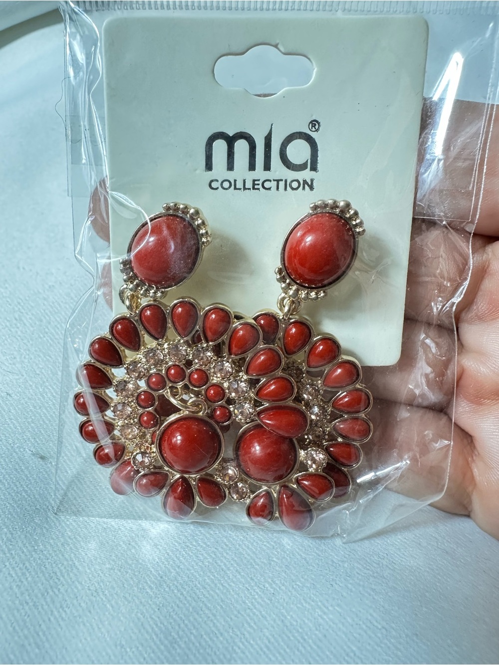 M41. MIACOLLECTION Red Coral Gold Rhinestone Statement Drop Earrings